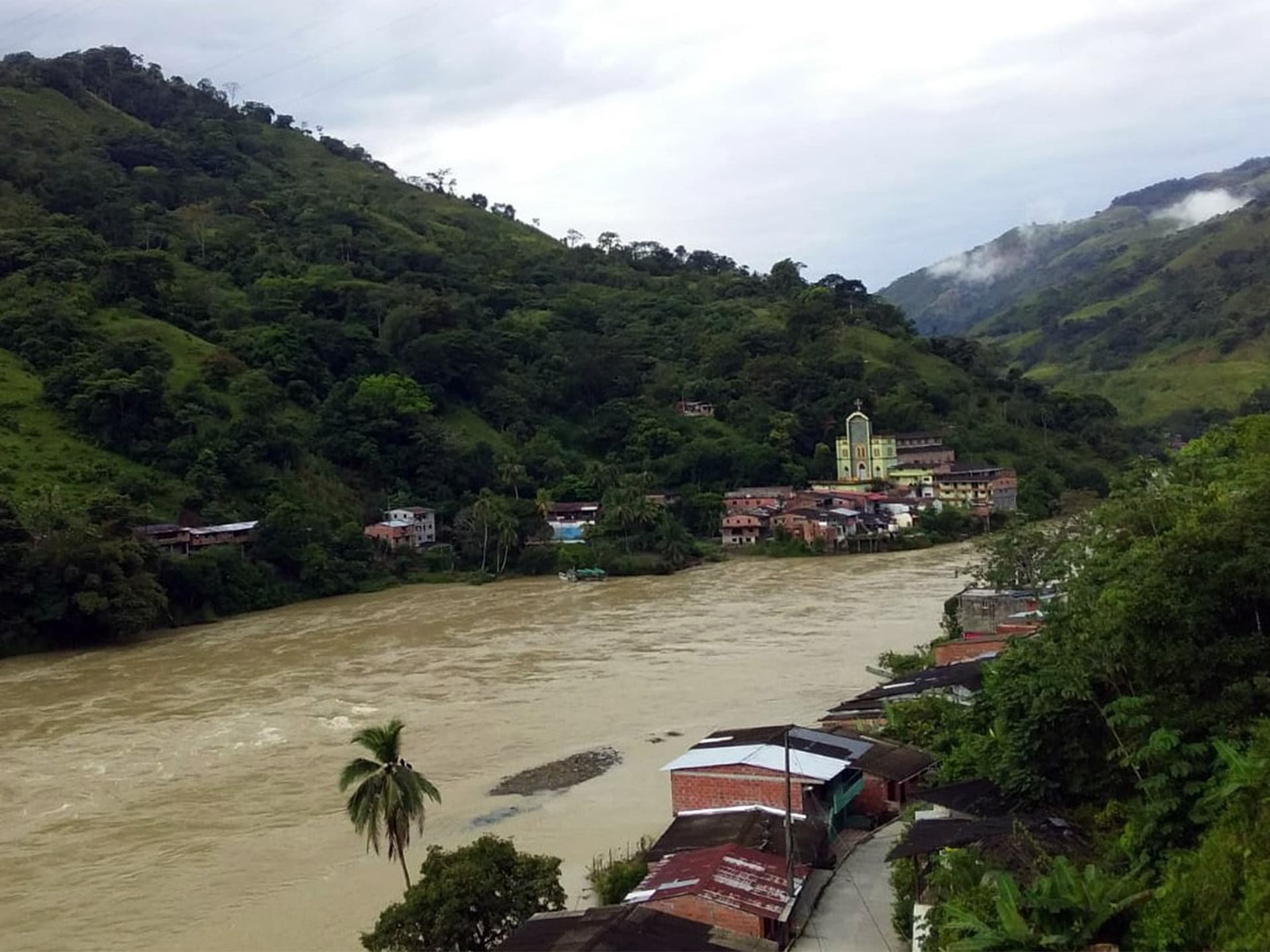 Flod omgiven av trädbeklädda berg