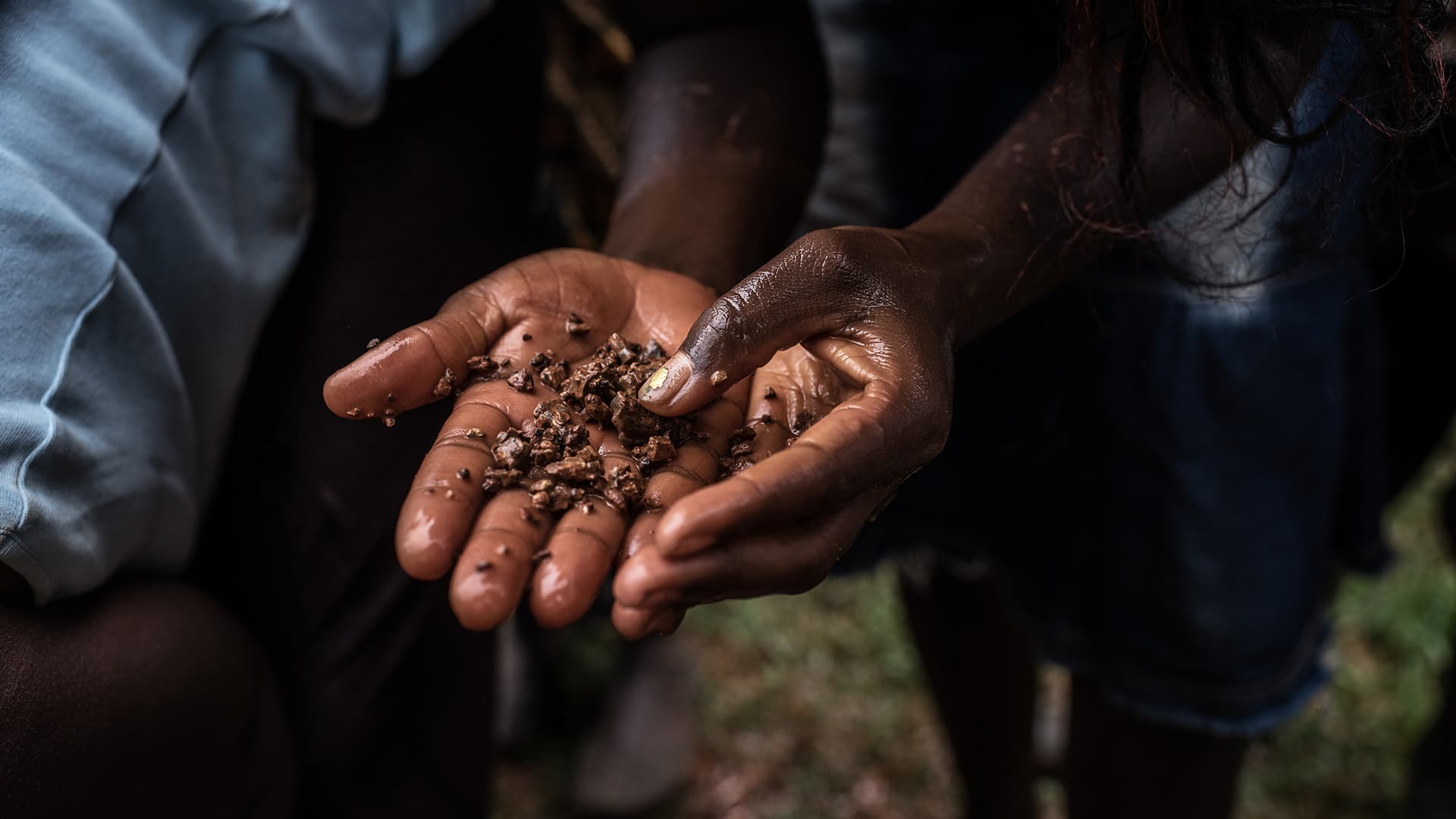 Två våta händer hålls upp framför kameran. I händerna ligger något som ser ut som stenar eller träbitar.