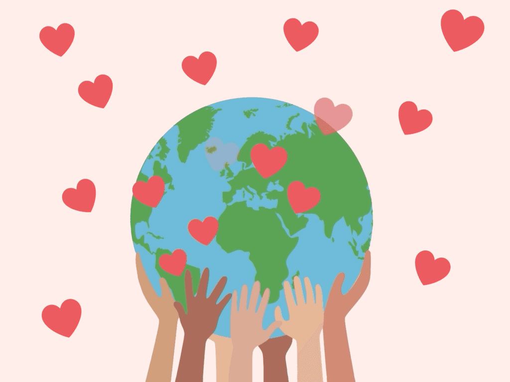 En illustrerad bild av händer som håller upp ett jordklot. Runt om jordklotet finns röda hjärtan.