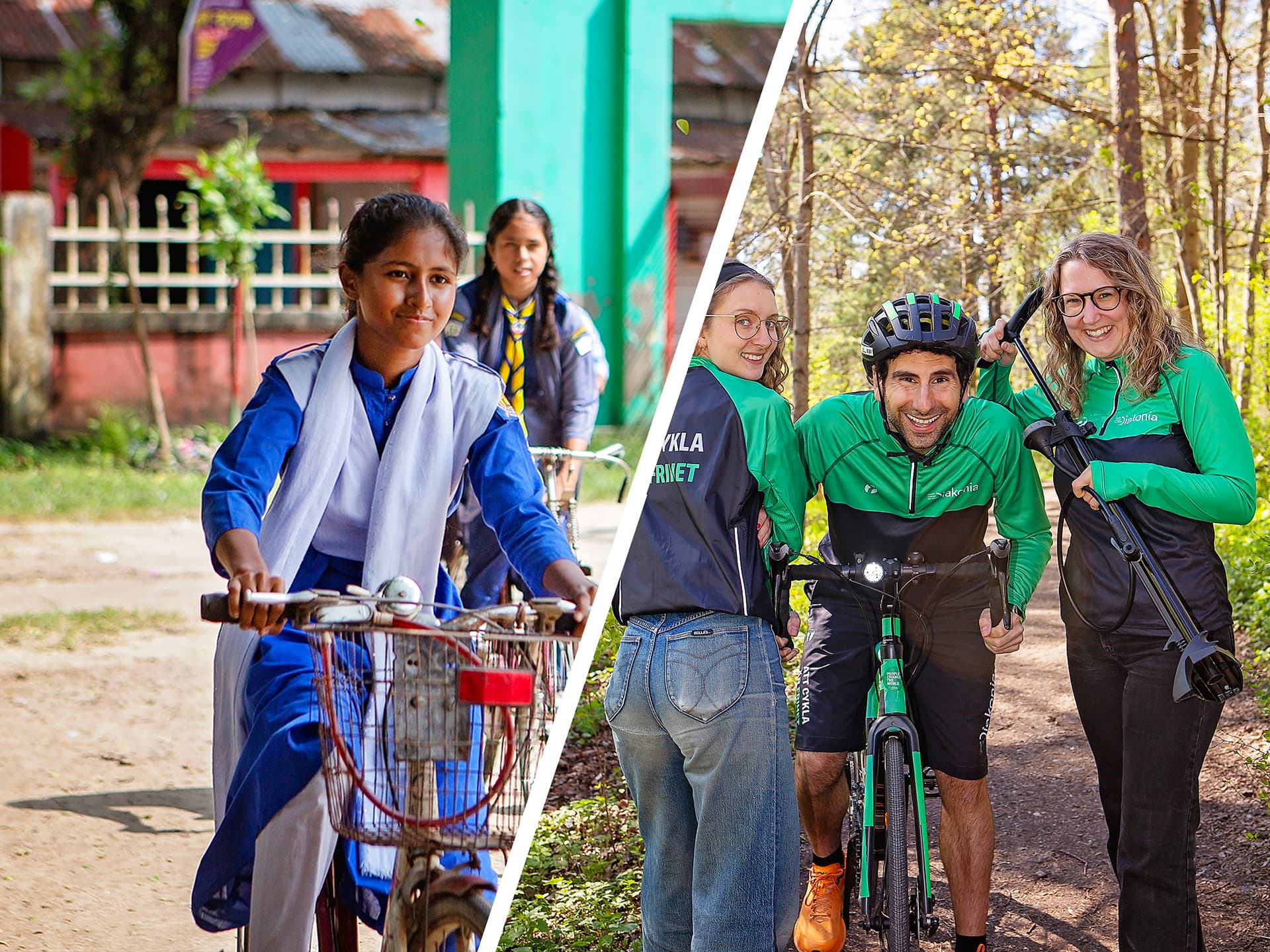 Ett collage med en bild av en flicka i skoluniform som cyklar och en bild med tre personer i träningskläder och en cykel.