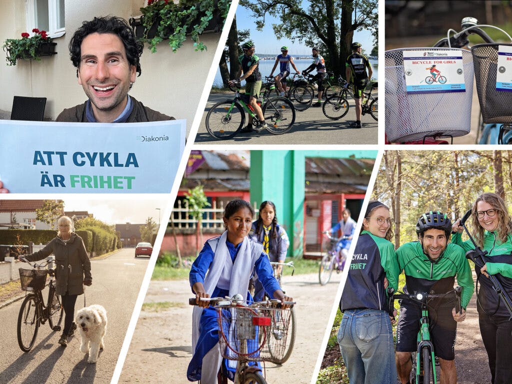 Ett kollage med olika bilder av människor som cyklar.