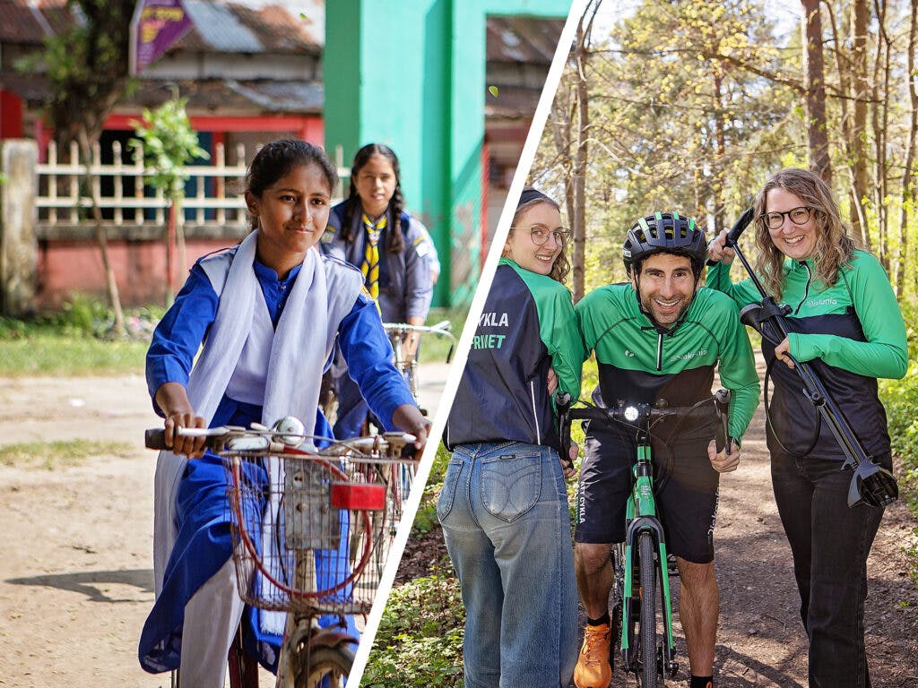 Ett collage med en bild av en flicka i skoluniform som cyklar och en bild med tre personer i träningskläder och en cykel.