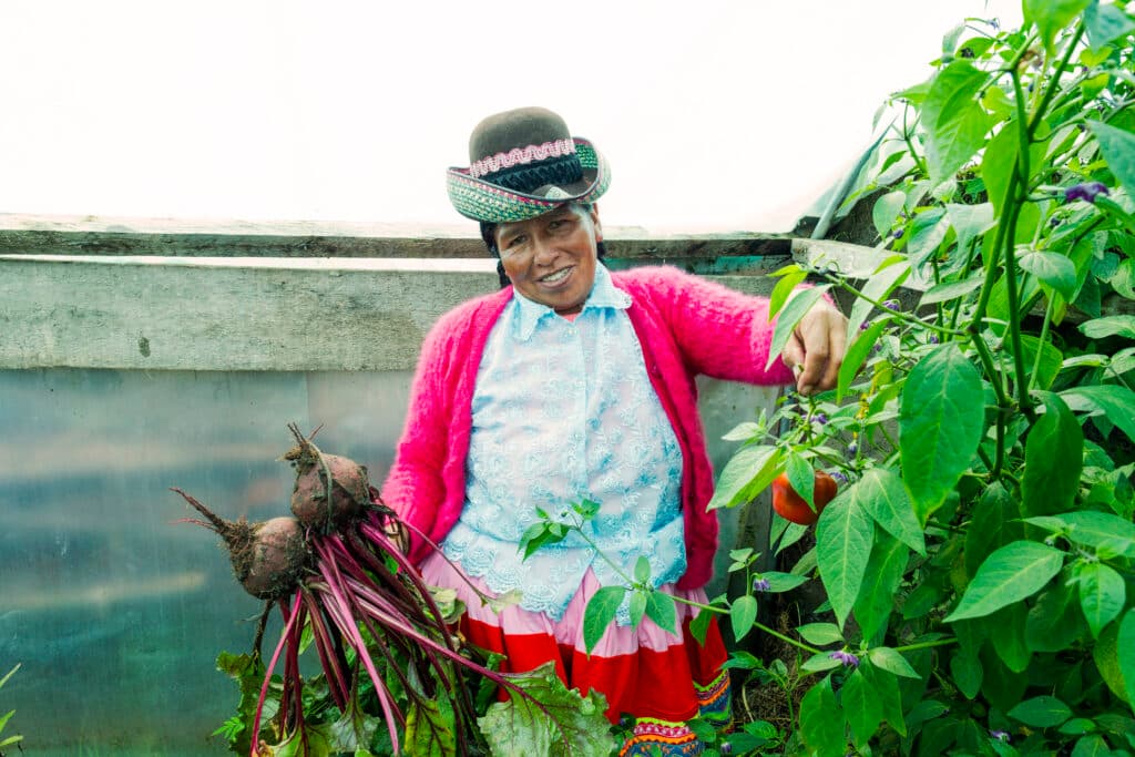 Bild på kvinna från Peru som håller i två nyskördade rödbetor