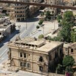 A view from the sky of destroyed buildings in Aleppo, Syria.