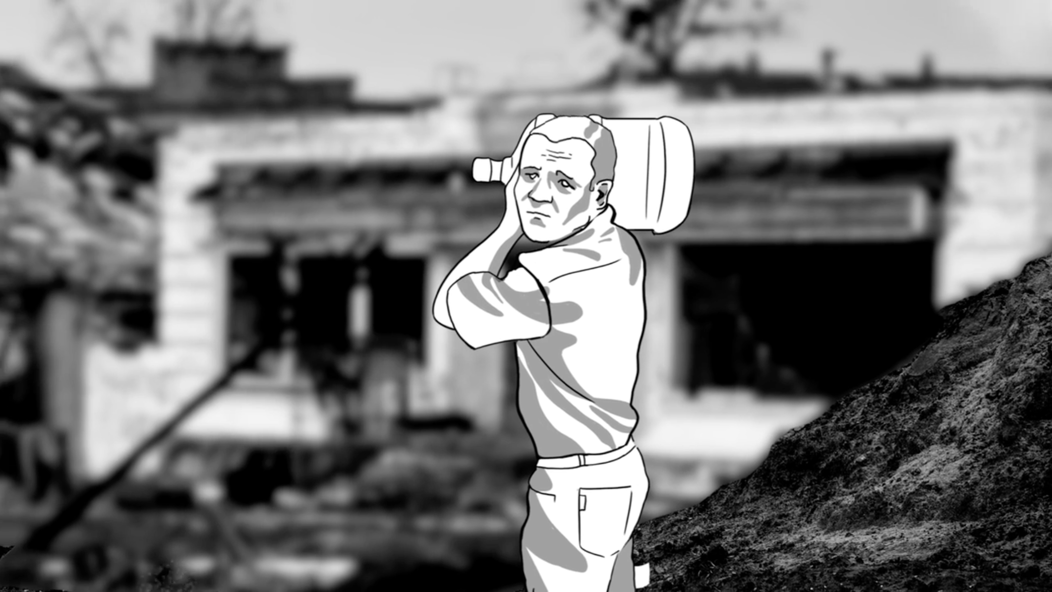 This video screenshot depicts a man carrying a water jug as he walks in front of a destroyed building. The image is made up of an illustration