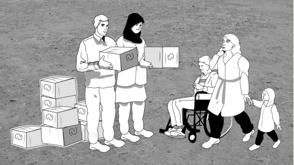 This video screenshot depicts two people providing humanitarian supplies for a mother and her children. The image is made up of an illustration
