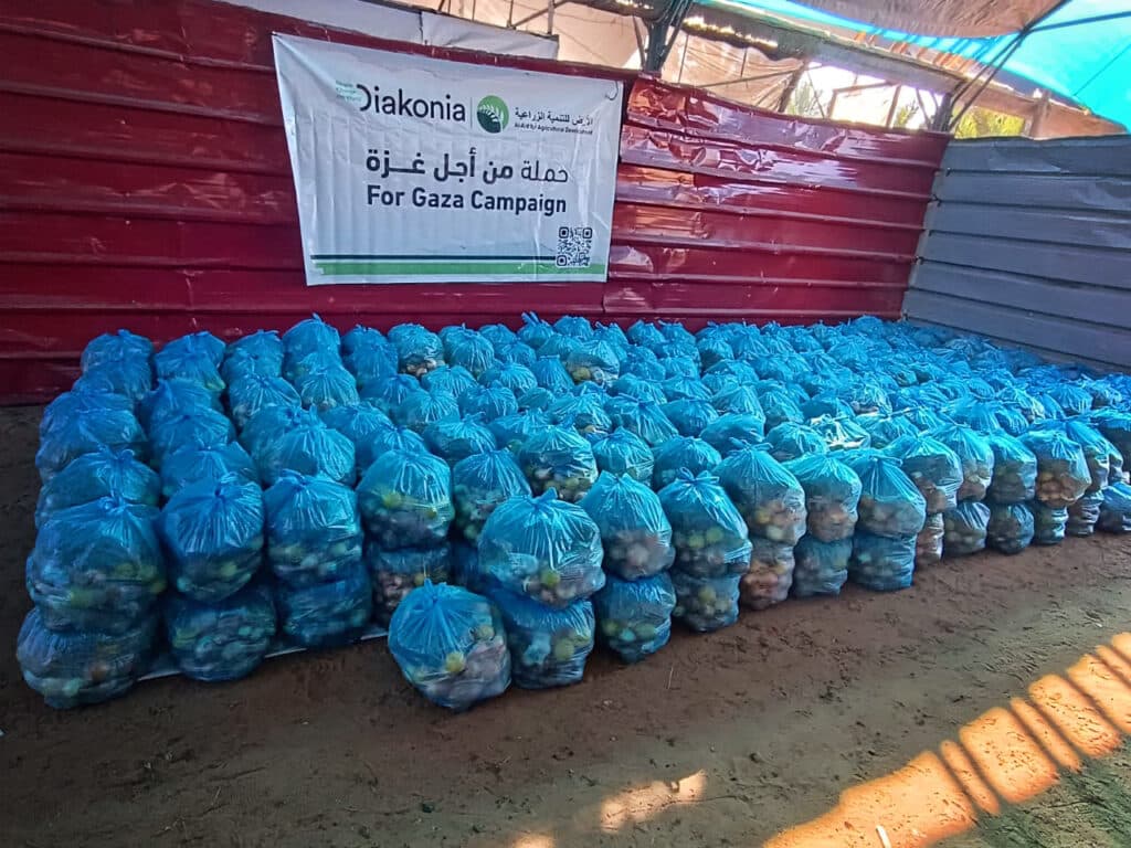 Foto: Diakonia Blåa plastpåsar med mat står uppradade mot en röd vägg.