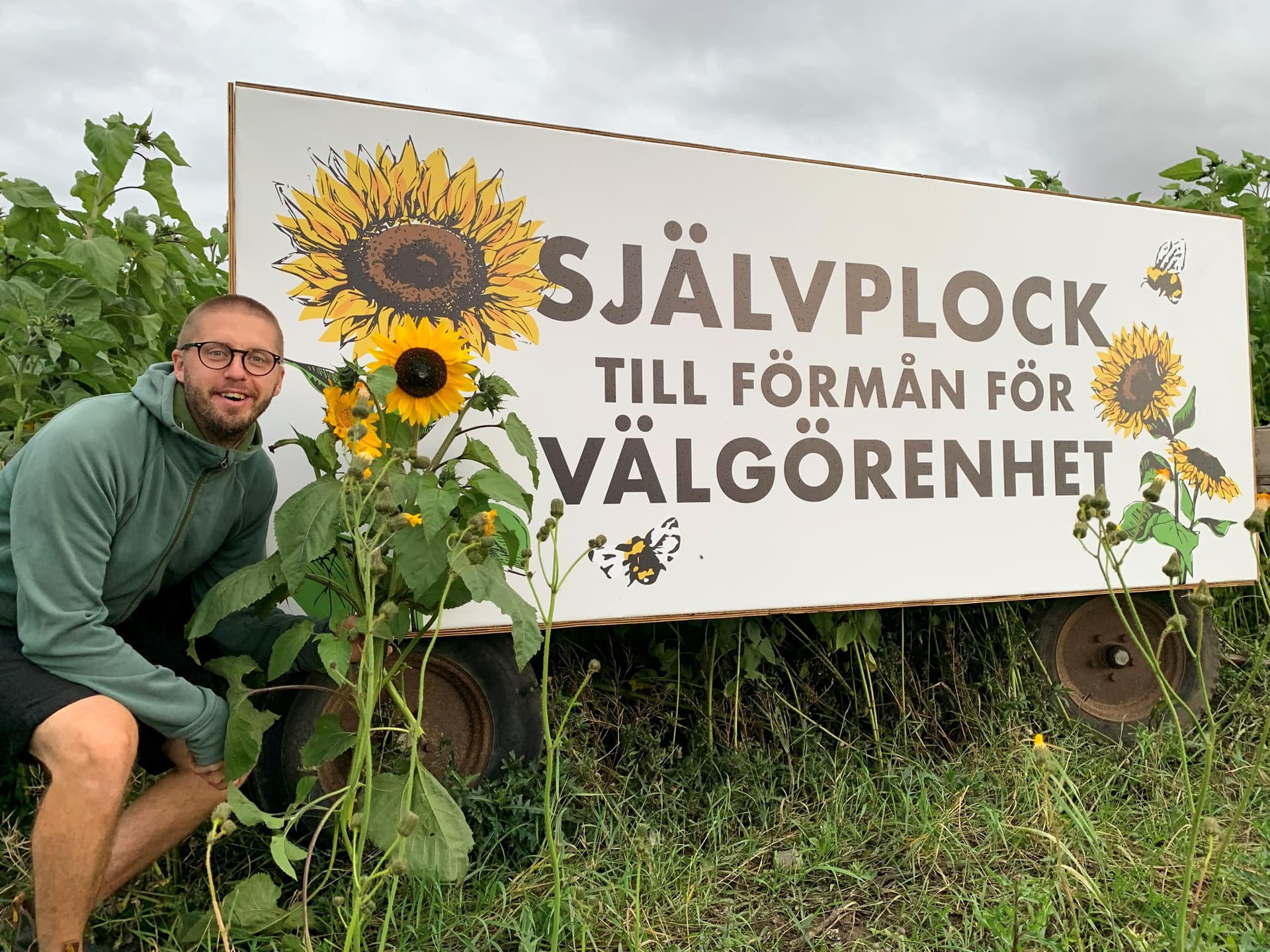 En man bredvid en skylt om självplock av solrosor