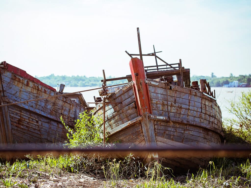 An image of two ships on land.