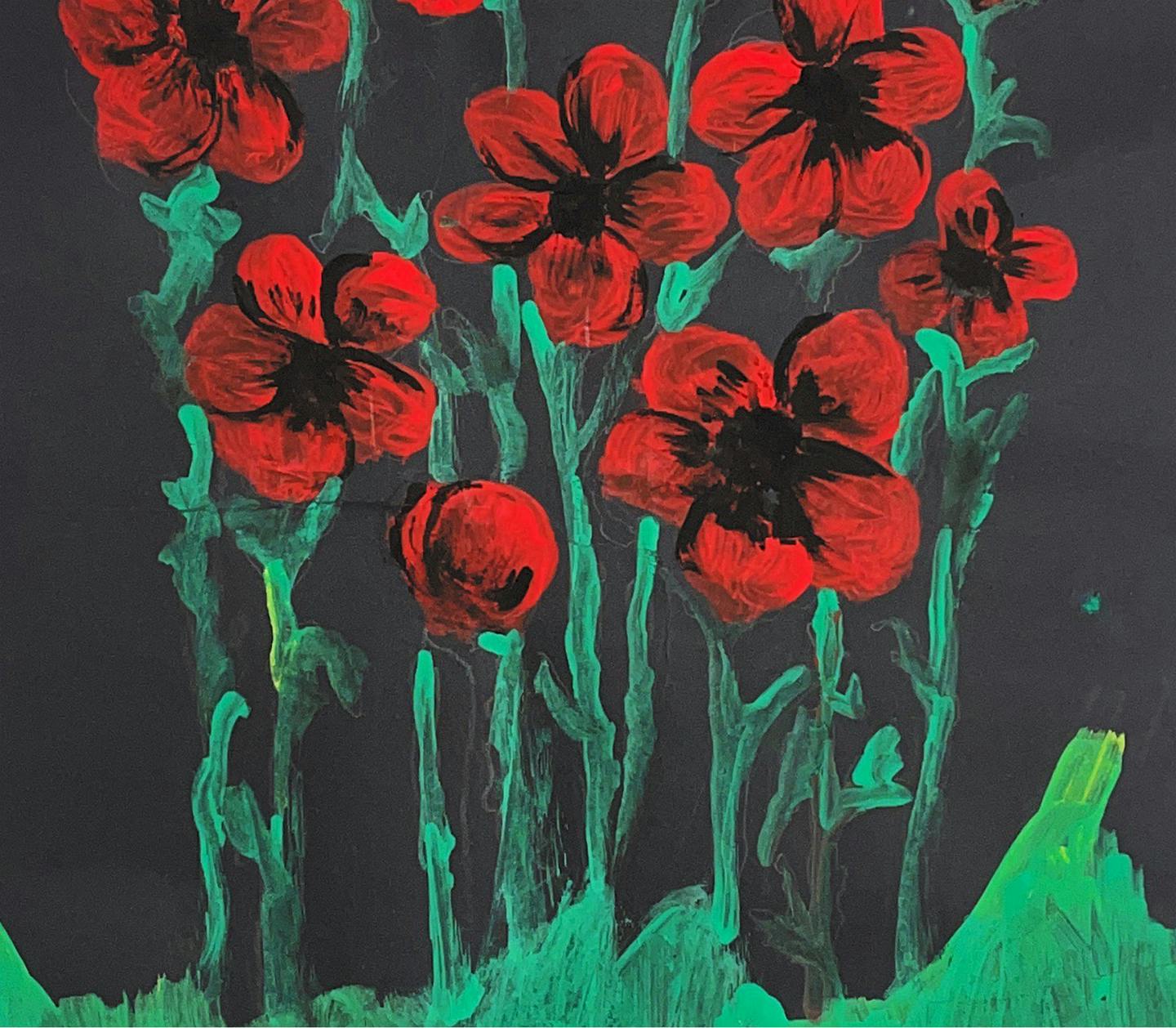 En målning av röda blommor mot svart bakgrund.