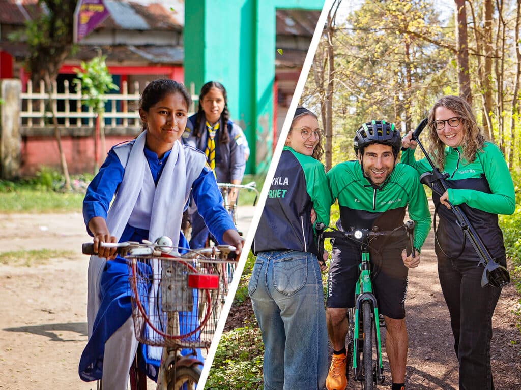 Ett collage med en bild av en flicka i skoluniform som cyklar och en bild med tre personer i träningskläder och en cykel.