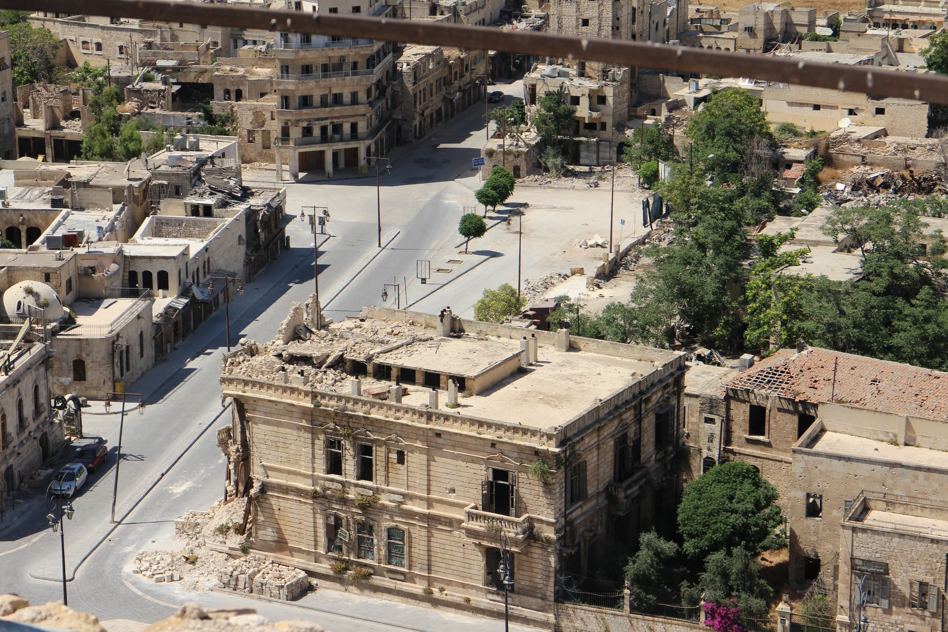 A view from the sky of destroyed buildings in Aleppo, Syria.