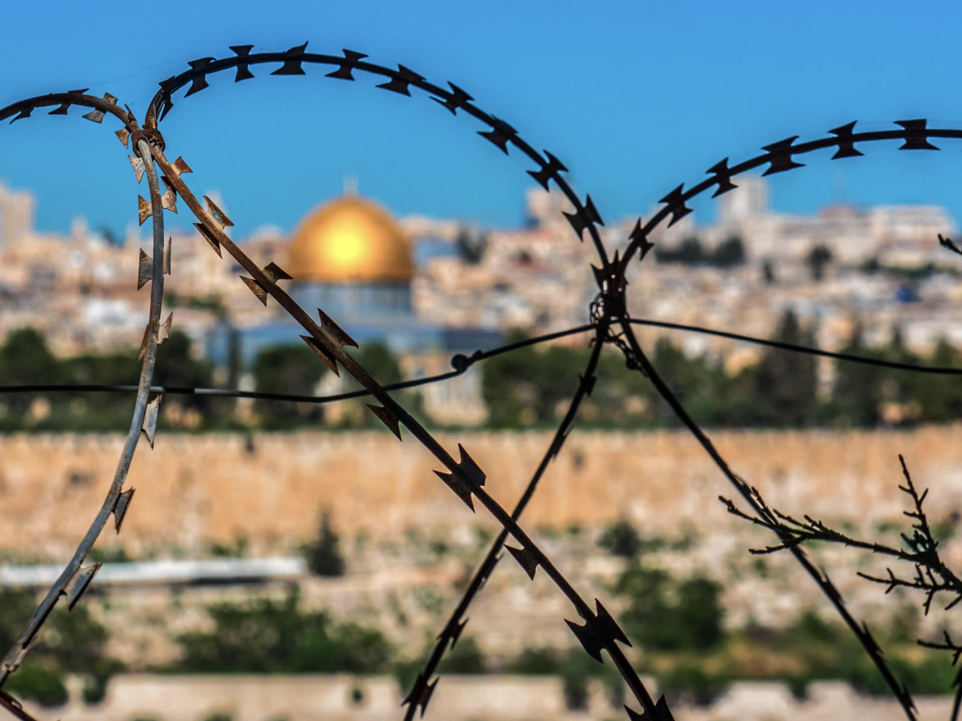 Barbed wire and in the background the Temple Mountain.