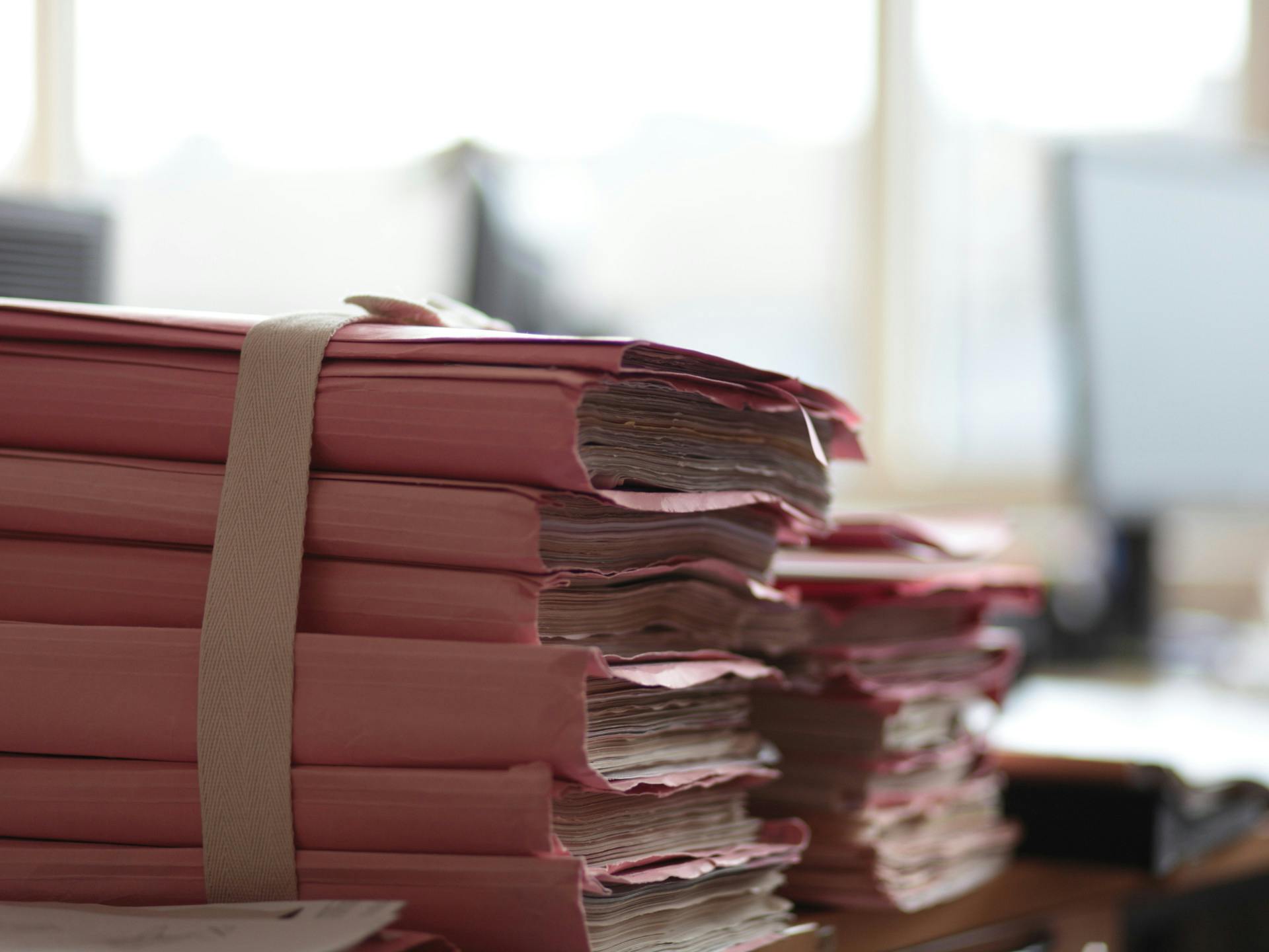 A pile of files in a German court.
