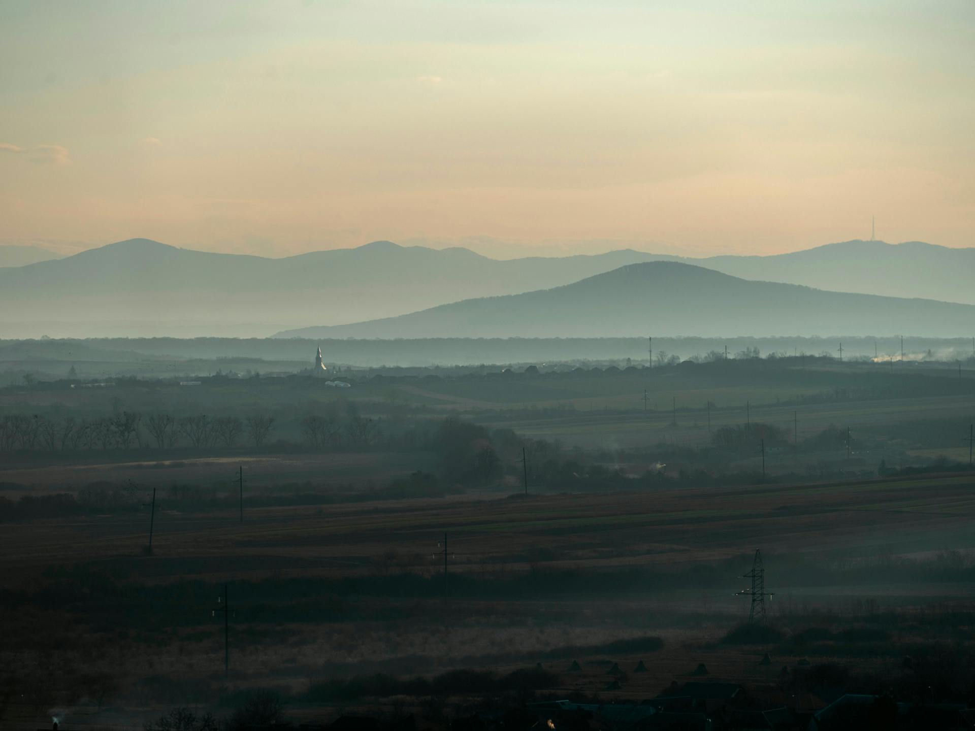 Landscape with hills during sunrise in Ukraine.