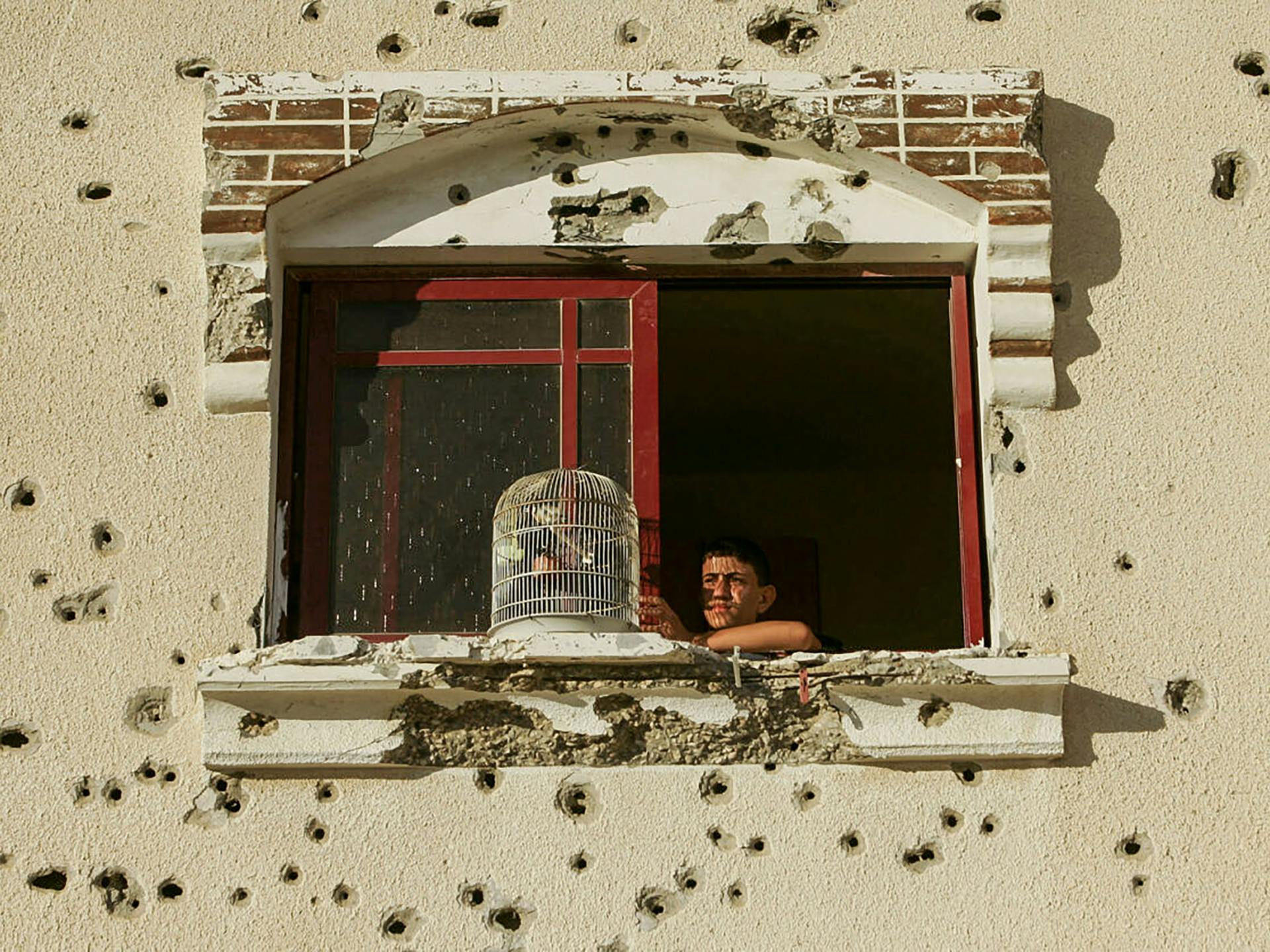 A boy looking out of a window of a building with gun shots on the facade.