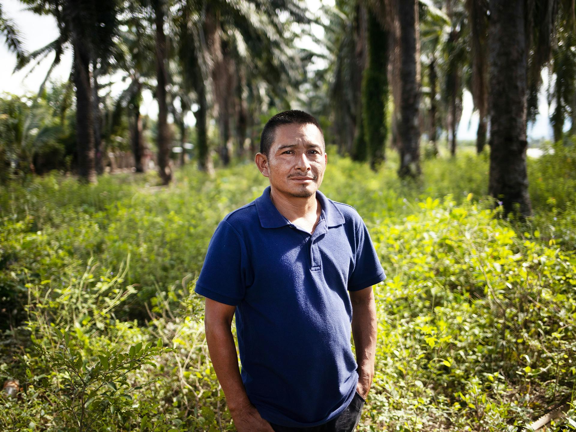 A man wearing a blue t-shirt stadning in a forest looking into the camera.