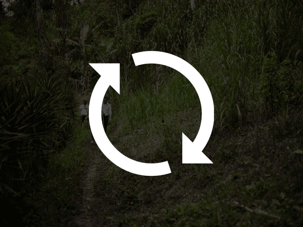 A graphic icon meaning sustainability (two arrows in a circle).