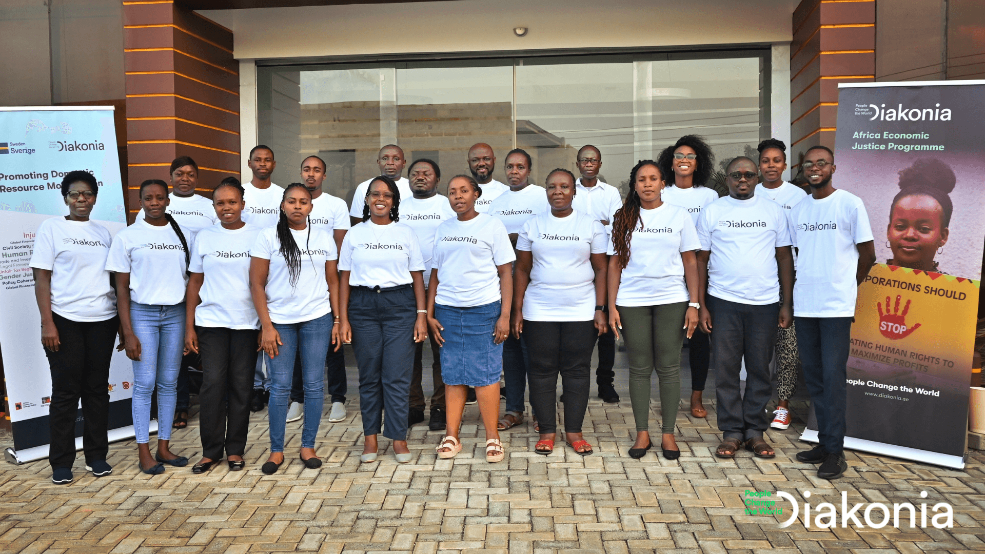 Photo: Diakonia A photo of a group of people. They are all wearing the same Diakonia t-shirt and looking to the camera.