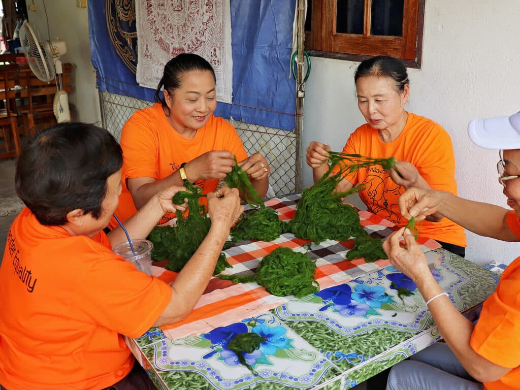 A group of women wearing orange t-shirts, sitting by a table and sorting out seaweed with their hands.