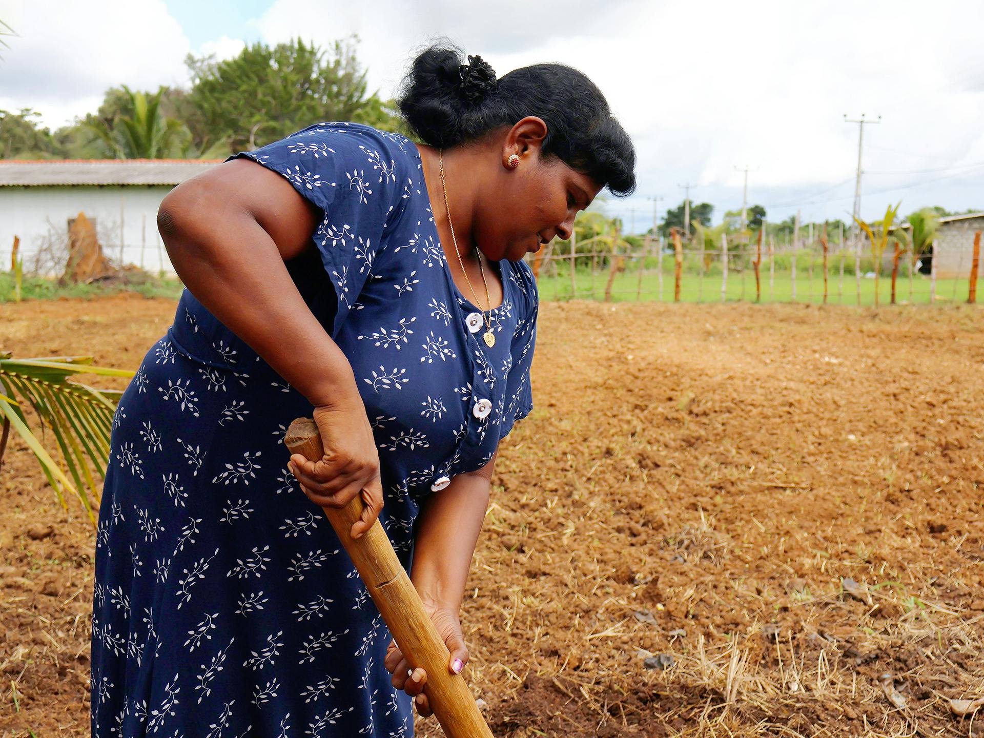 A woman in a blue dress working with a tool in a field.