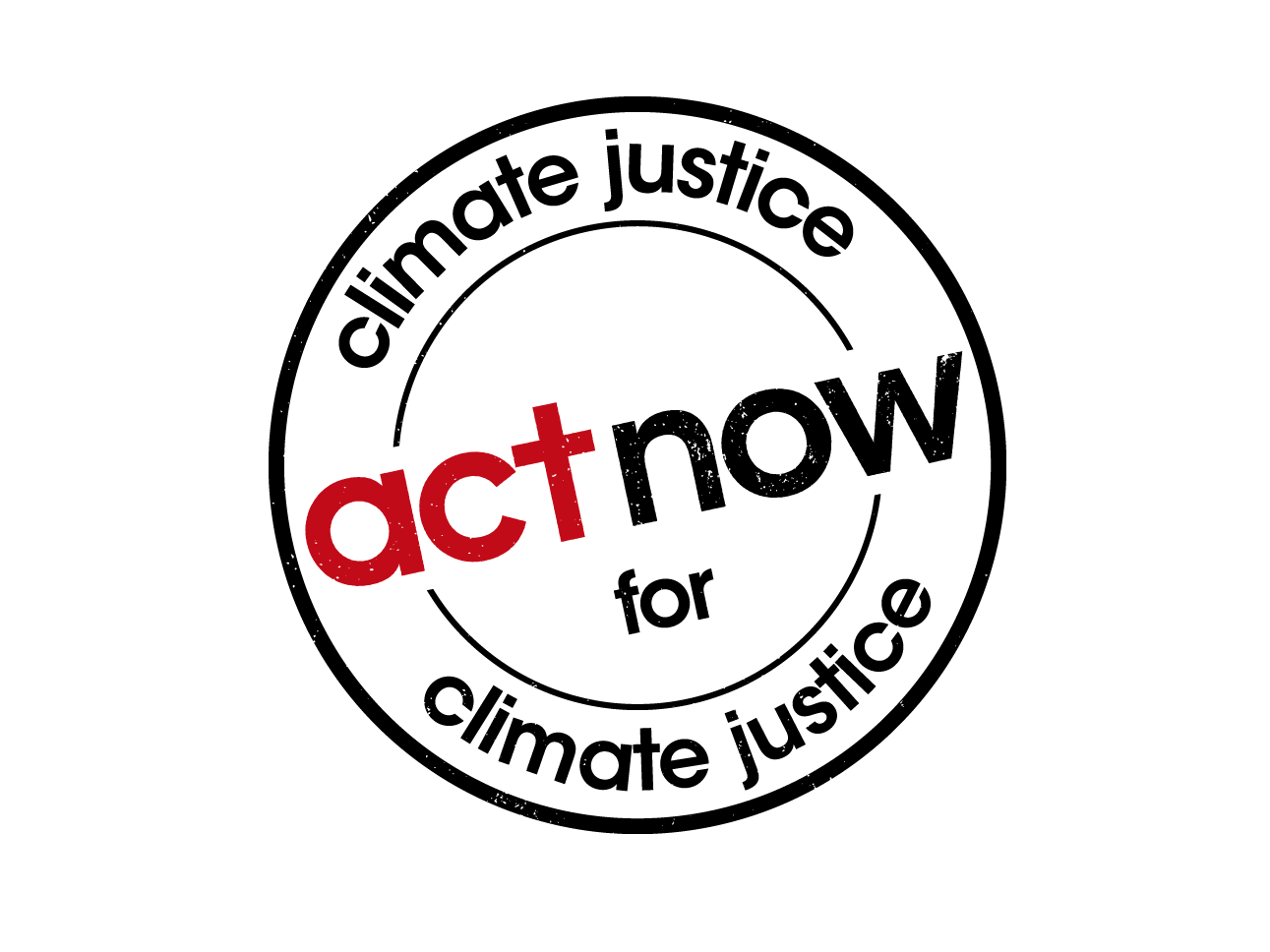 En bild av logon för kampanjen för klimaträttvisa. Det står "Act now for climate justice" i en cirkel
