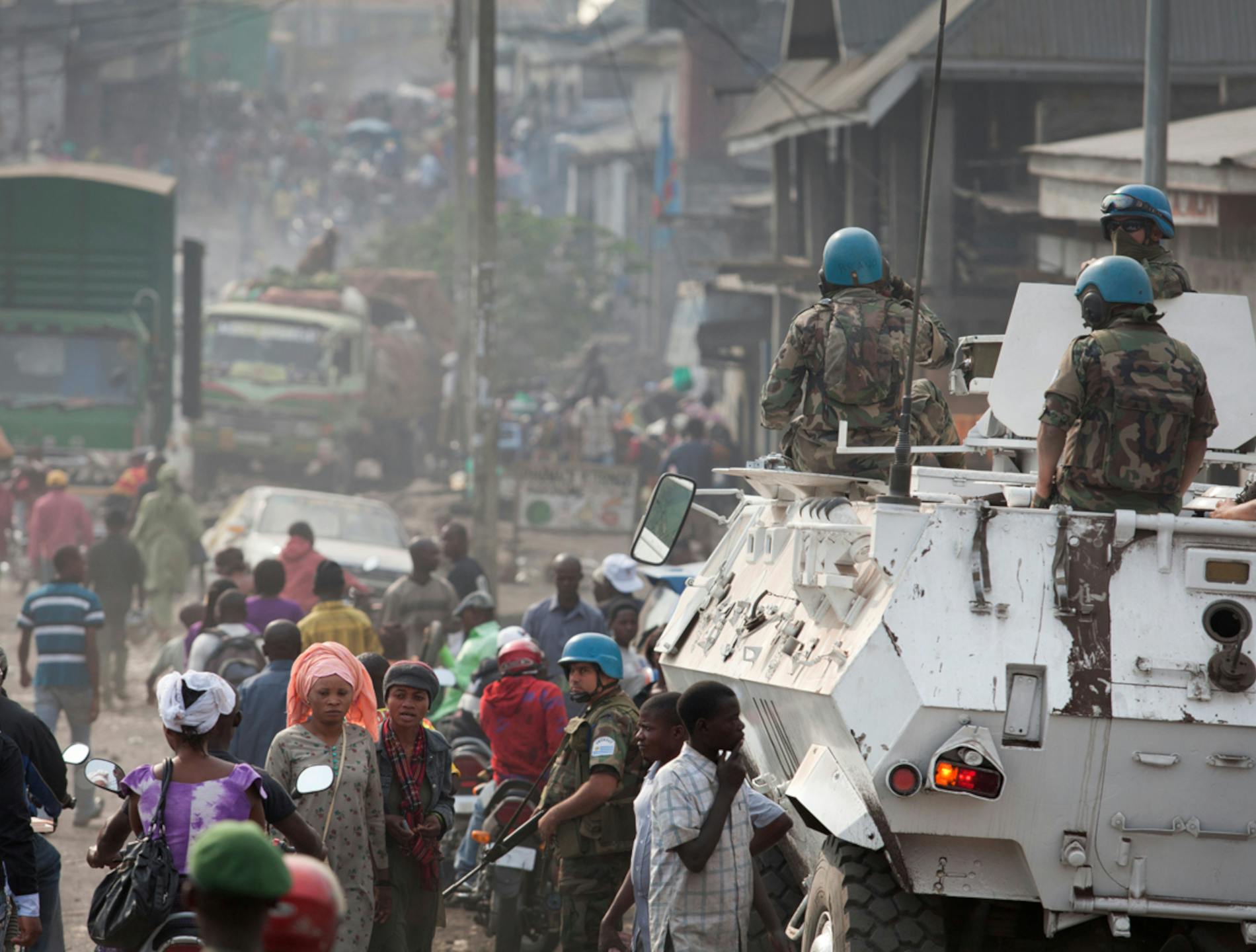 Soldiers patrolling a crowded street in the east of the Democratic Republic of Congo. Photo: MONUSCO/Sylvain Liechti