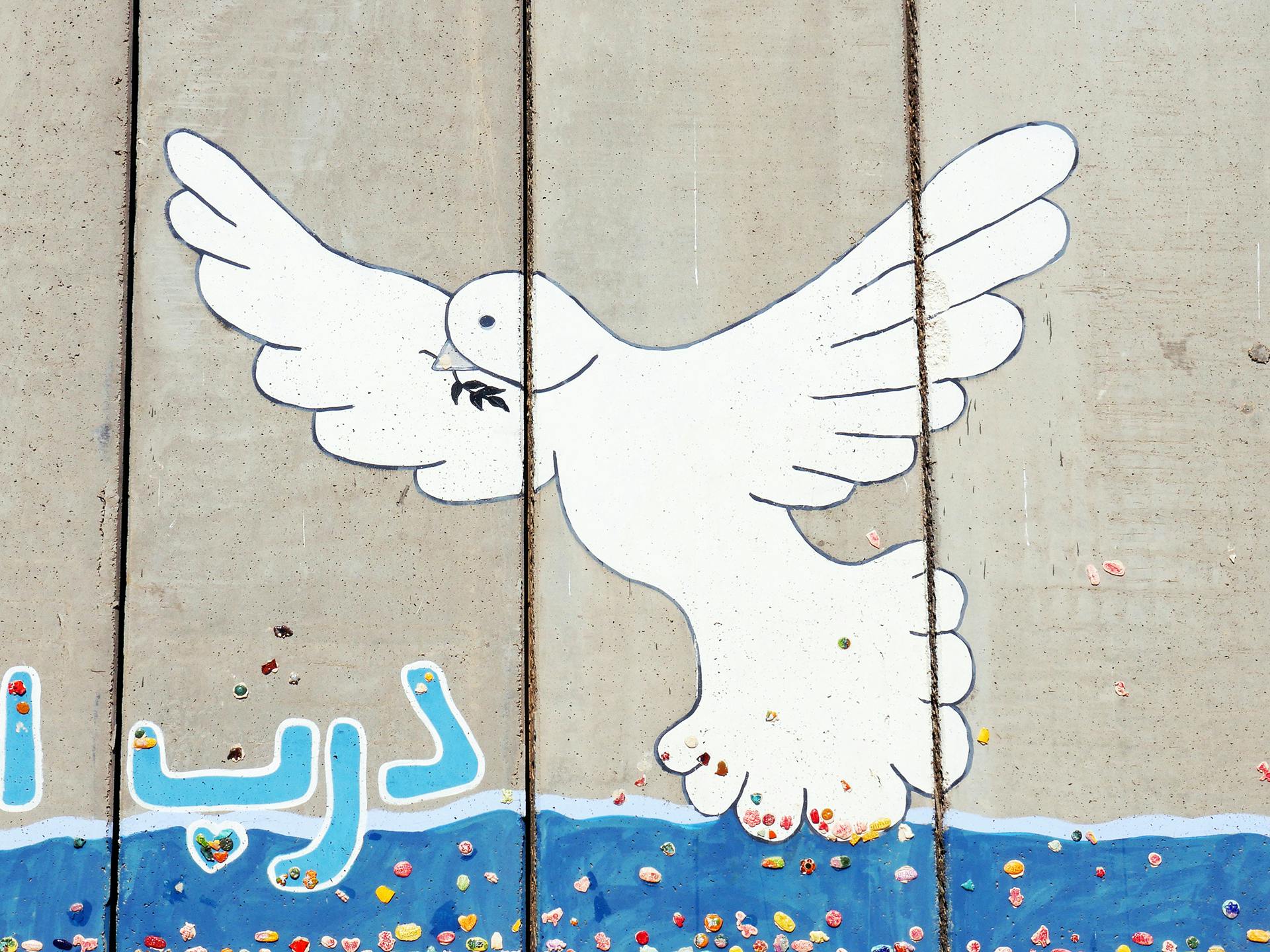 A mural painting showing a white peace dove