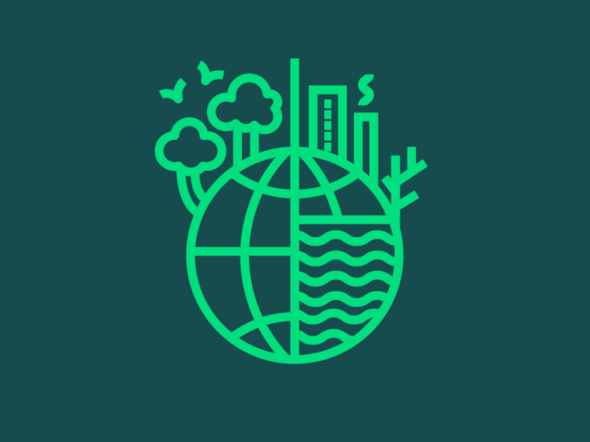A graphic icon of a globe with trees and water on it.